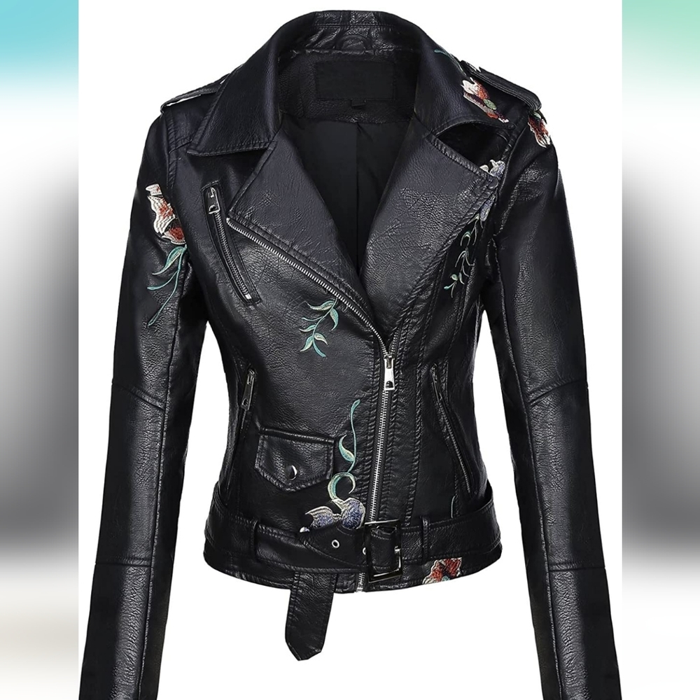 Bellivera Womens Faux Embroidered Leather Casual Short Jacket Moto XL